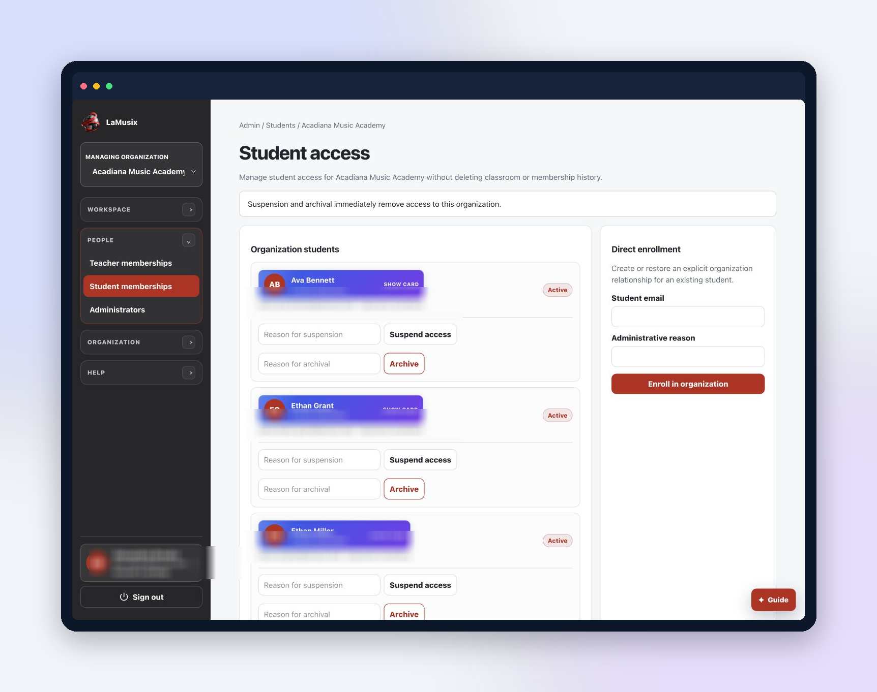 LaMusix Studio Admin student overview with engagement and progress context