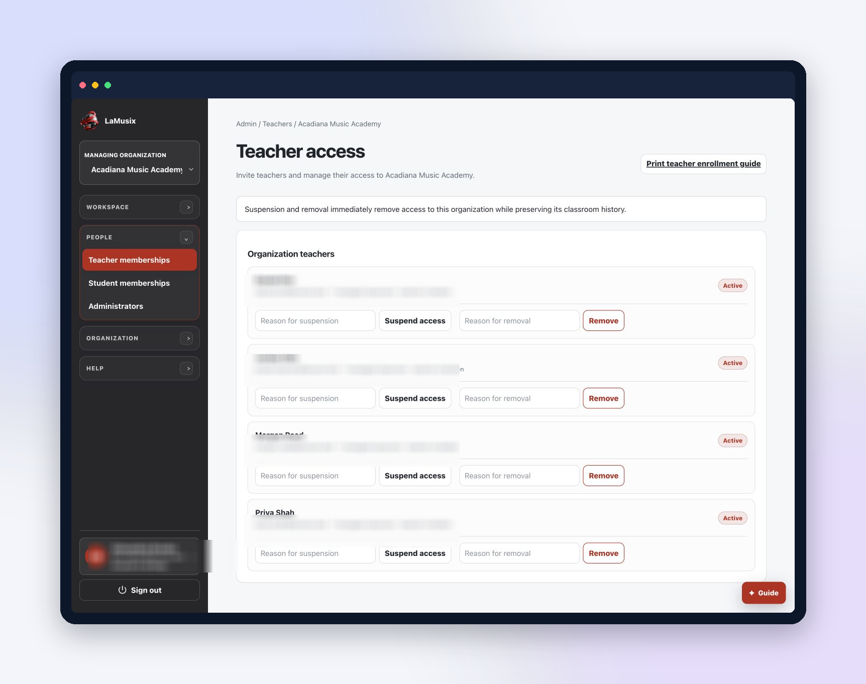 LaMusix Studio Admin teacher overview with classroom and activity context