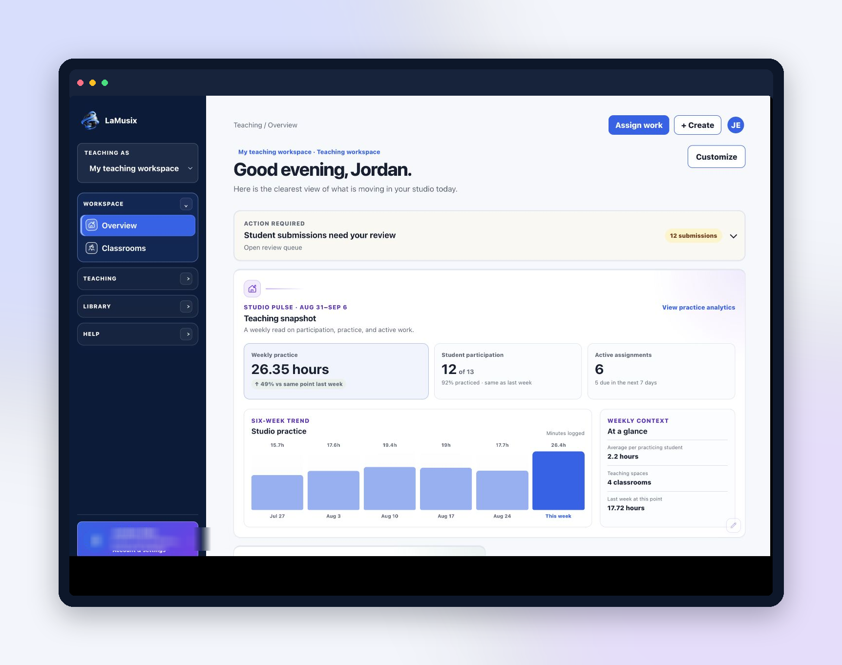 LaMusix Studio teacher dashboard with assignments, classrooms, teaching resources, and practice follow-up