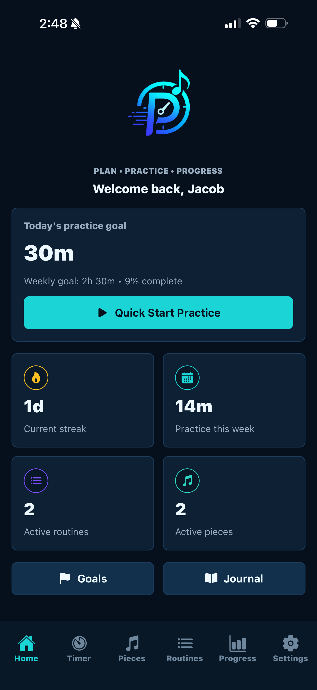 PracticeOS home screen showing today's practice goal and quick start practice button
