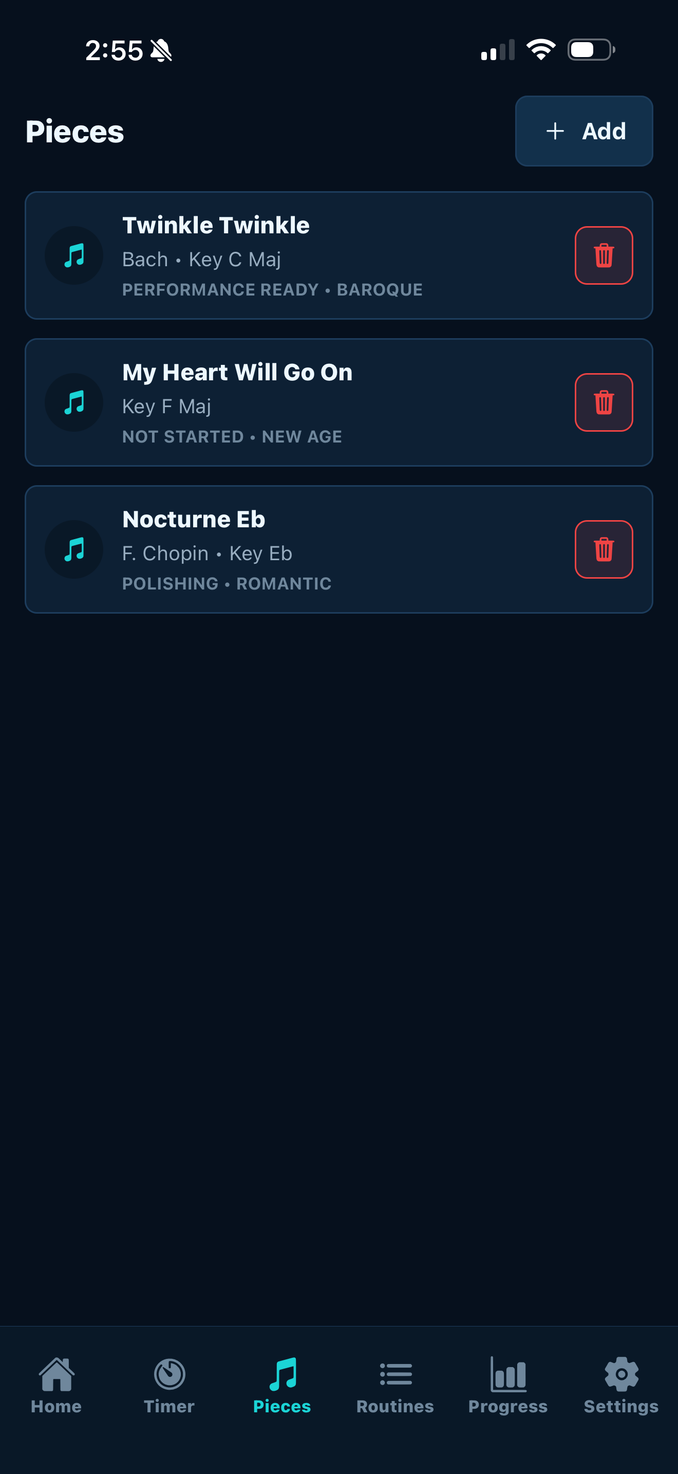 PracticeOS pieces screen listing repertoire, keys, readiness status, and delete controls