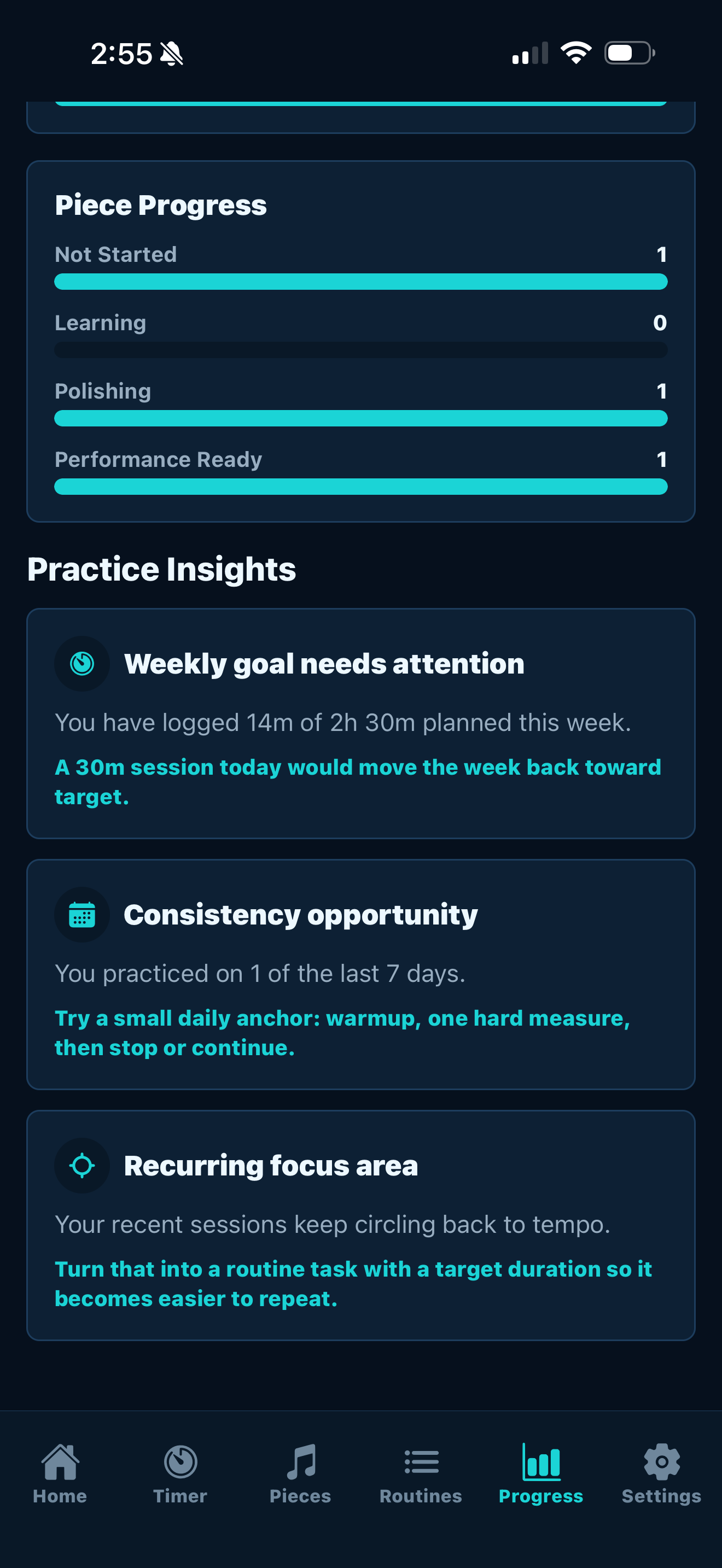 PracticeOS progress screen showing piece progress and practice insights