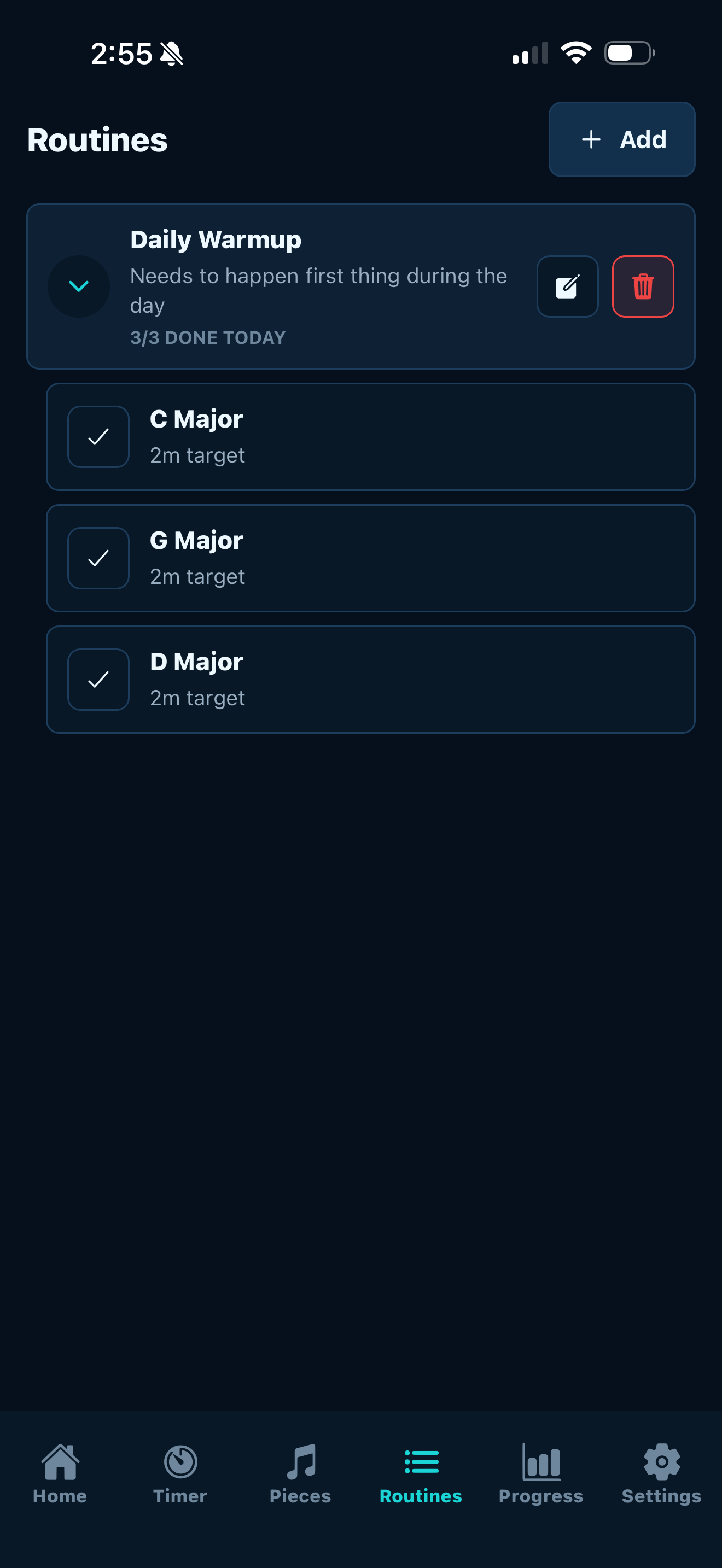 PracticeOS routines screen showing a daily warmup with completed tasks and target durations