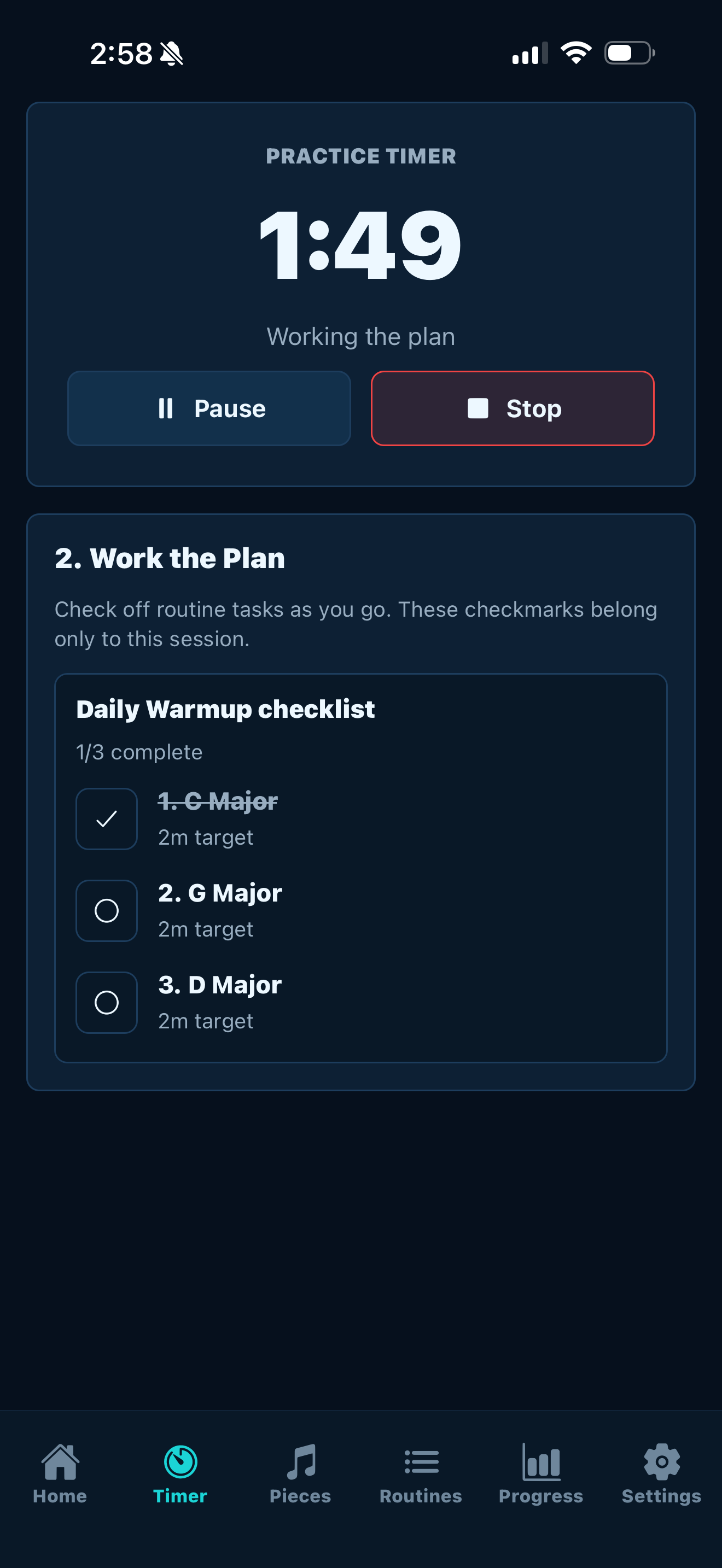 PracticeOS active timer screen with pause, stop, and routine checklist controls