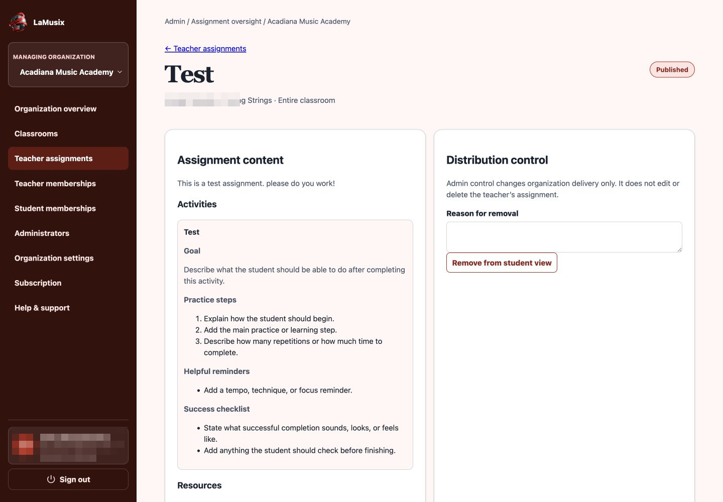 LaMusix Admin assignment oversight with learning content and distribution controls