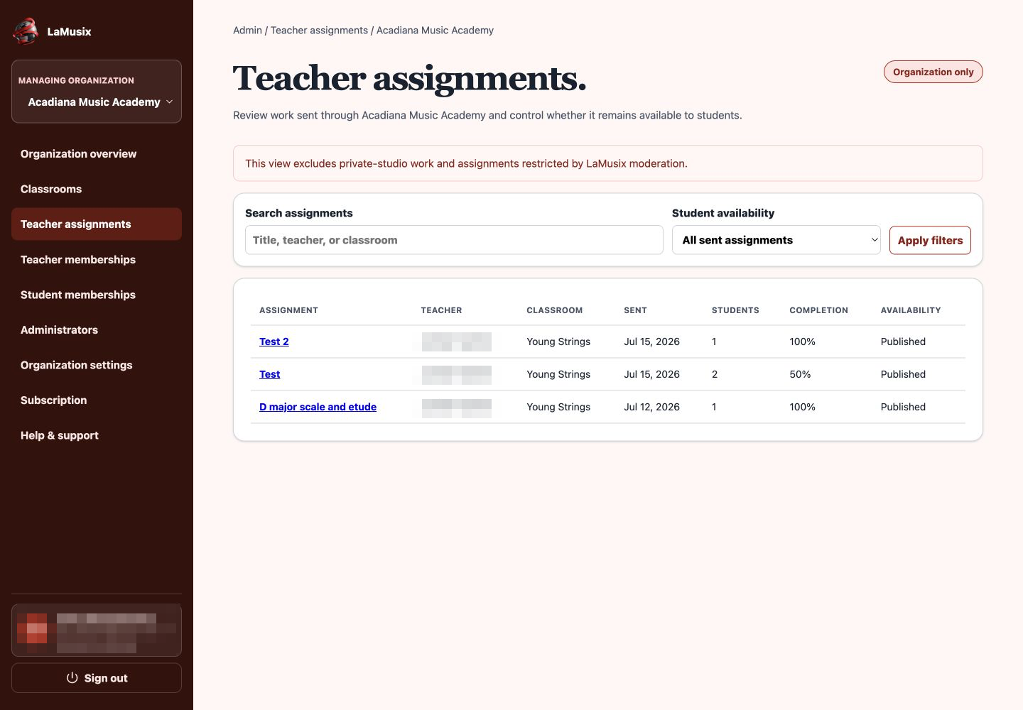LaMusix Admin teacher assignments overview with completion and availability