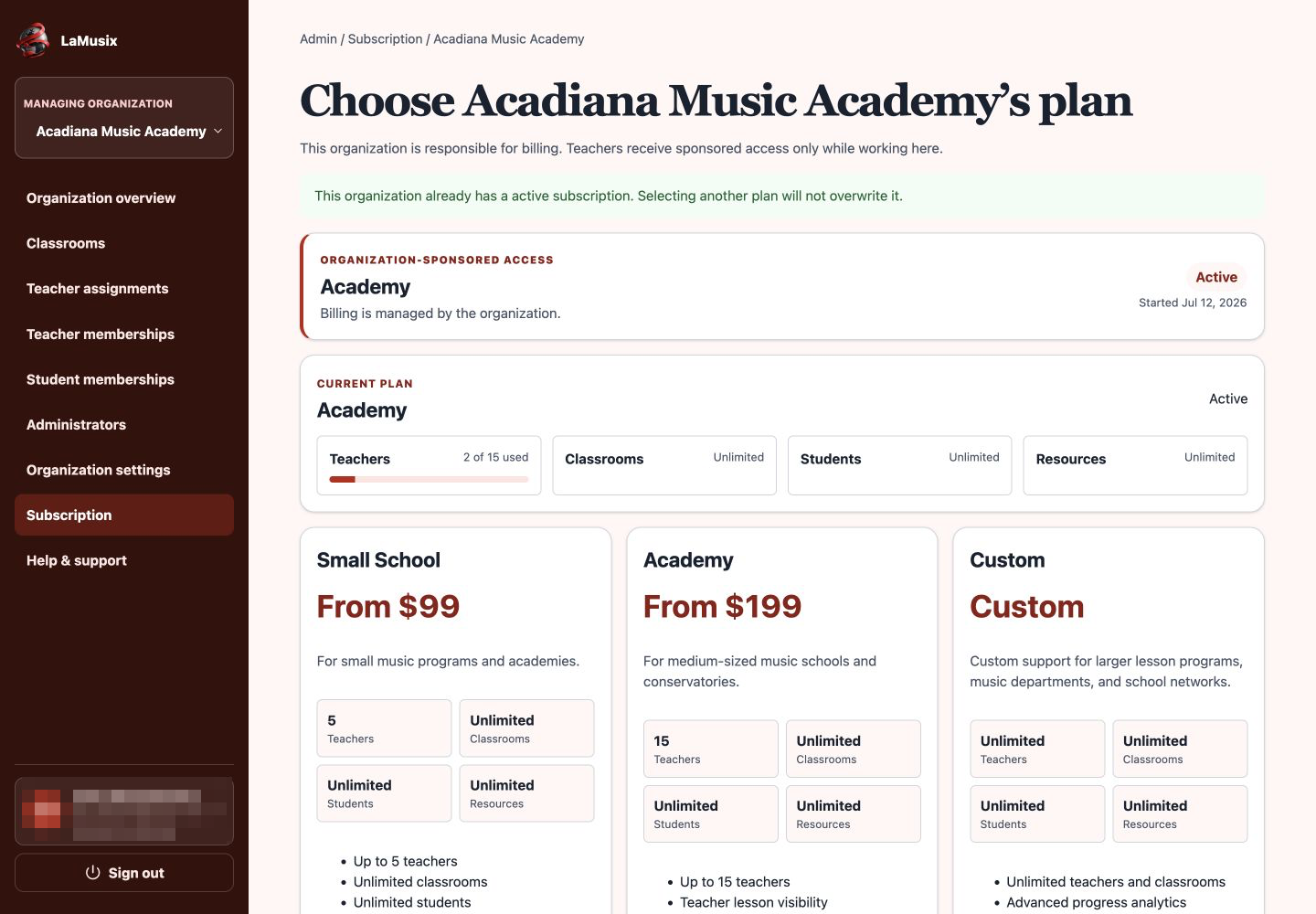 LaMusix Admin school plan and capacity overview
