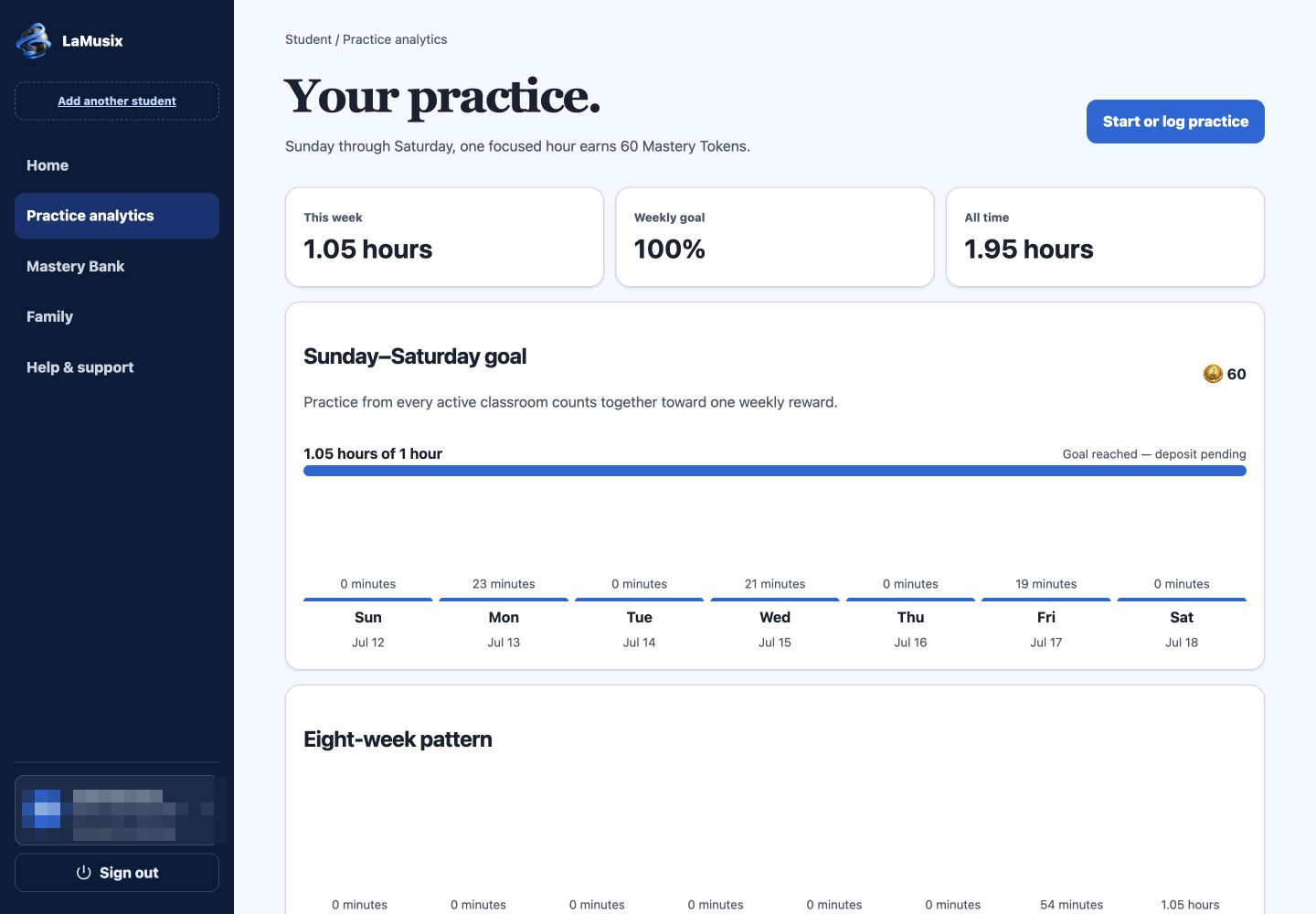 LaMusix Studio student practice analytics with weekly goal and practice history