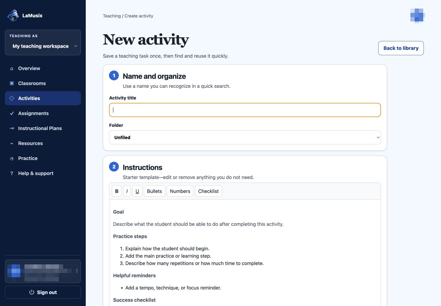 LaMusix Studio reusable activity builder with goals and practice steps