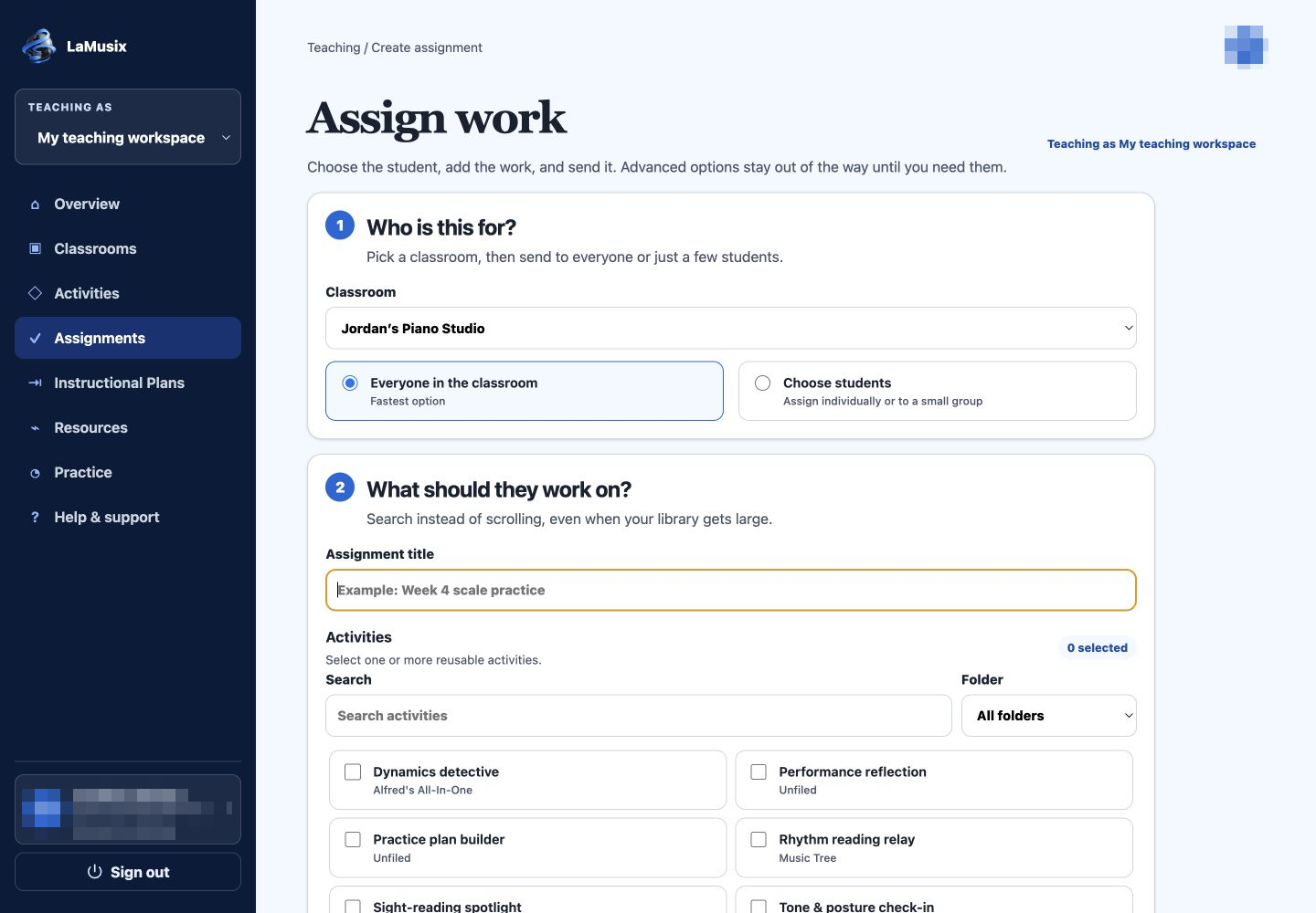 LaMusix Studio guided assignment builder