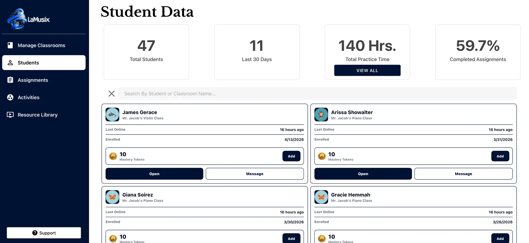 LaMusix Studio student data dashboard